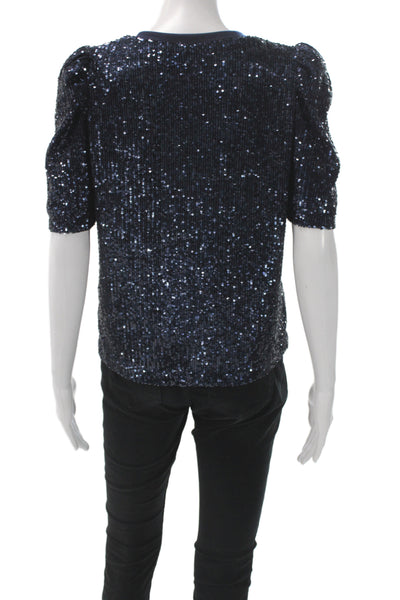 Generation Love Women Dark Blue Sequin Crew Neck Short Sleeve Blouse Size M