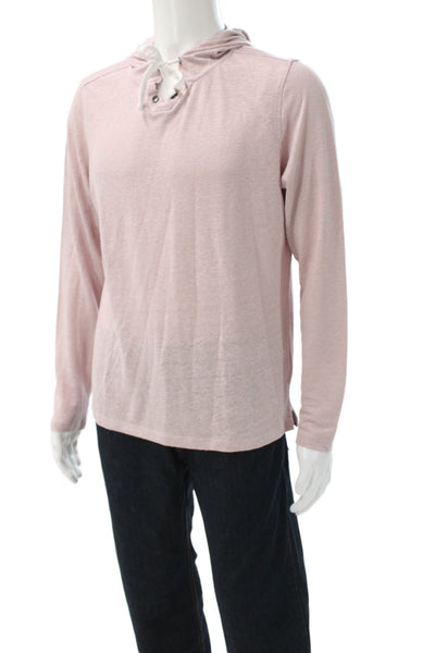 Robert Barakett Mens Henley Hoodie Pink Linen Nylon Long Sleeve Size L