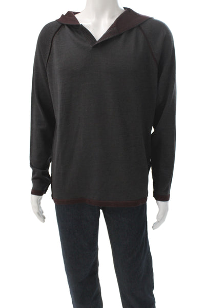 Robert Barakett Mens Pullover Hoodie V Neck Dark Gray Wool Blend Size L