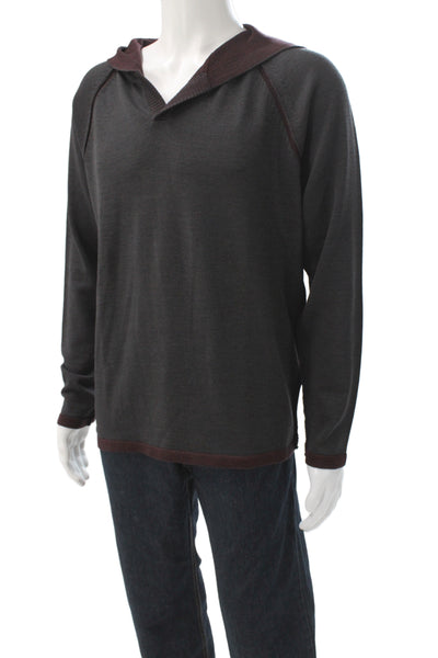 Robert Barakett Mens Pullover Hoodie V Neck Dark Gray Wool Blend Size L
