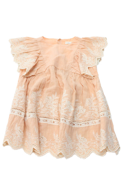 Louise Misha Girls Ruffled Short Sleeve Crew Neck Embroidered Dress Beige 12M