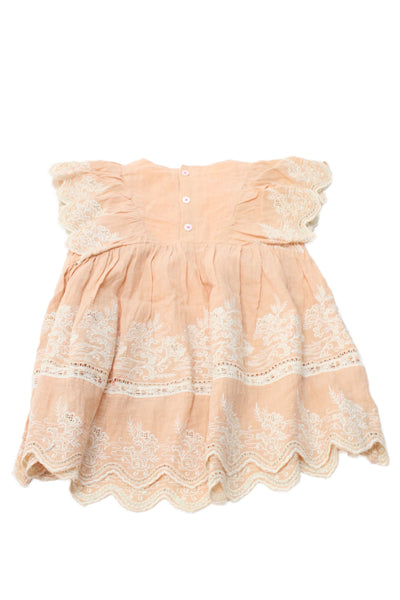 Louise Misha Girls Ruffled Short Sleeve Crew Neck Embroidered Dress Beige 12M