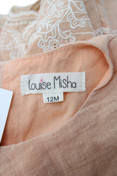 Louise Misha Girls Ruffled Short Sleeve Crew Neck Embroidered Dress Beige 12M
