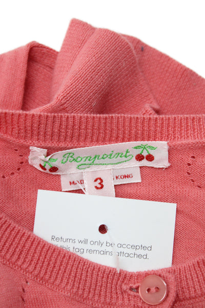 Bonpoint Girls Button Front Open Knit Logo Cardigan Sweater Pink Cotton Size 3M