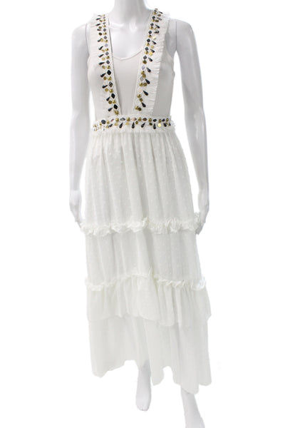 Ixiah Women Maxi Sundress White Polka Dot Lace V-Neck Sleeveless Zip Size 2