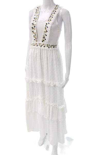 Ixiah Women Maxi Sundress White Polka Dot Lace V-Neck Sleeveless Zip Size 2