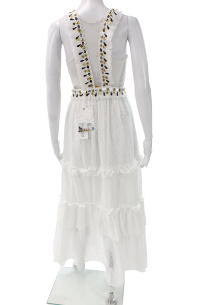 Ixiah Women Maxi Sundress White Polka Dot Lace V-Neck Sleeveless Zip Size 2
