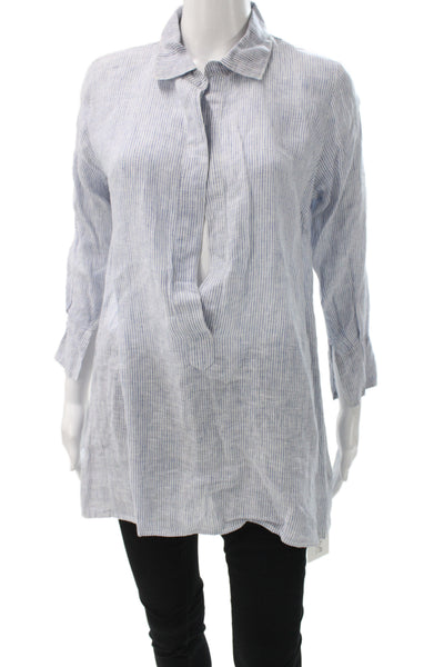 CP Shades Women Tunic Light Blue Linen Striped Collared 3/4 Sleeve Size XS