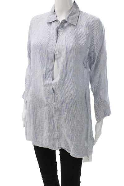 CP Shades Women Tunic Light Blue Linen Striped Collared 3/4 Sleeve Size XS