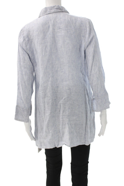 CP Shades Women Tunic Light Blue Linen Striped Collared 3/4 Sleeve Size XS