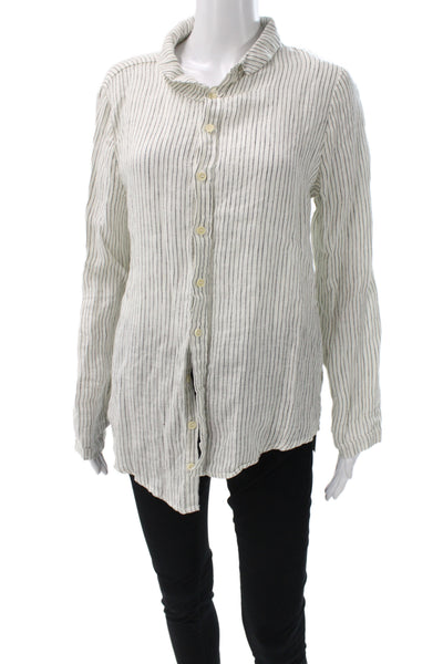 CP Shades Women White Linen Striped Collared Button Up Long Sleeve Top Size S