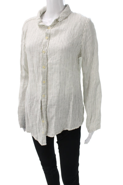 CP Shades Women White Linen Striped Collared Button Up Long Sleeve Top Size S
