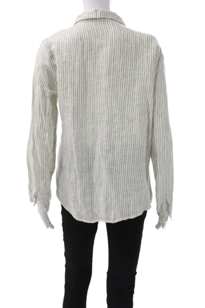 CP Shades Women White Linen Striped Collared Button Up Long Sleeve Top Size S