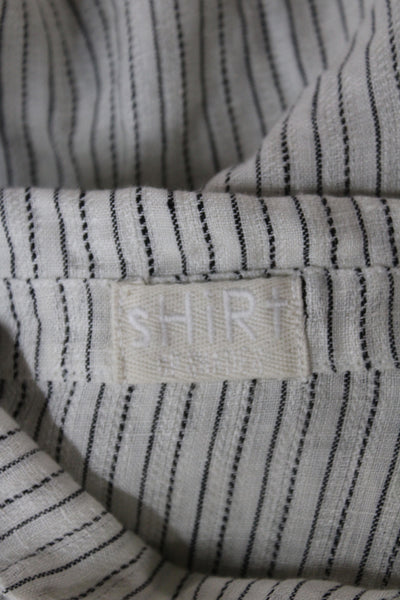 CP Shades Women White Linen Striped Collared Button Up Long Sleeve Top Size S
