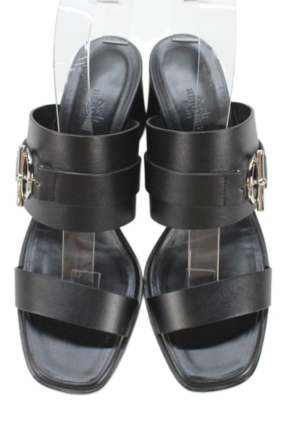 Hermes Womens Leather Toggle Front Slide On Sandal Heels Black Size 39.5 9.5