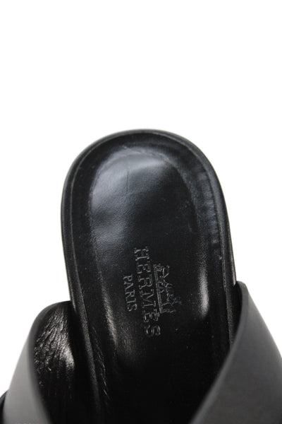 Hermes Womens Leather Toggle Front Slide On Sandal Heels Black Size 39.5 9.5