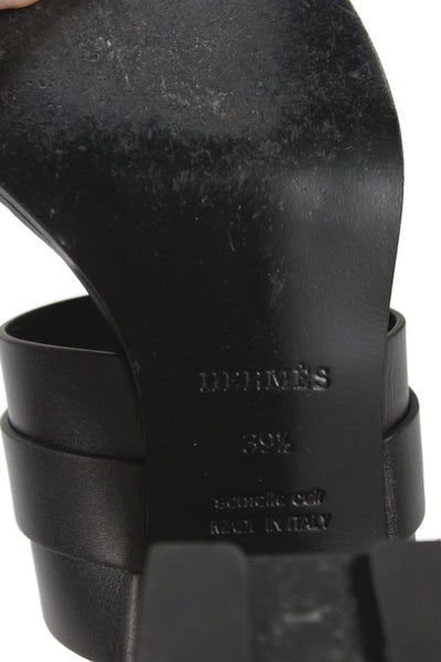 Hermes Womens Leather Toggle Front Slide On Sandal Heels Black Size 39.5 9.5
