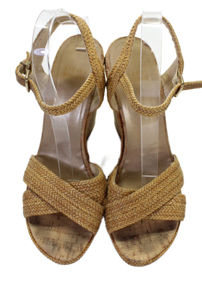 Stuart Weitzman Womens Chervon Print Buckle Wedge Heels Brown Size 9