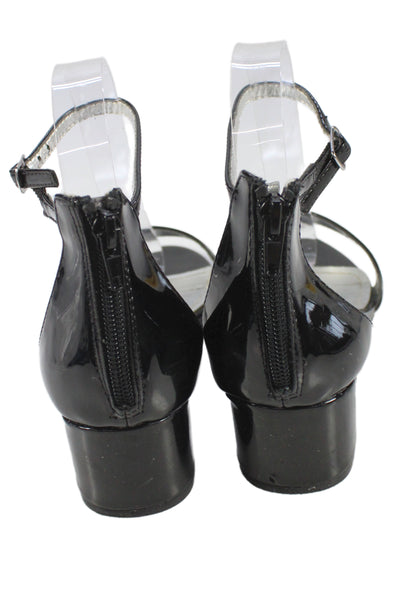 Nina Womens Patent Leather Ankle Strap Open Toed Block Heels Black Size 5