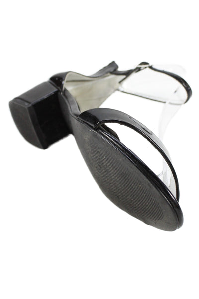 Nina Womens Patent Leather Ankle Strap Open Toed Block Heels Black Size 5
