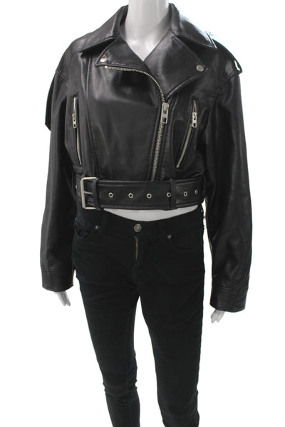 Zara Women Biker Jacket Black PU Buckle Collared Long Sleeve Size S