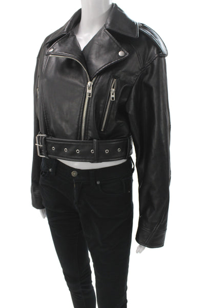 Zara Women Biker Jacket Black PU Buckle Collared Long Sleeve Size S