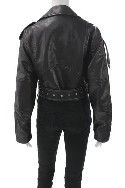 Zara Women Biker Jacket Black PU Buckle Collared Long Sleeve Size S
