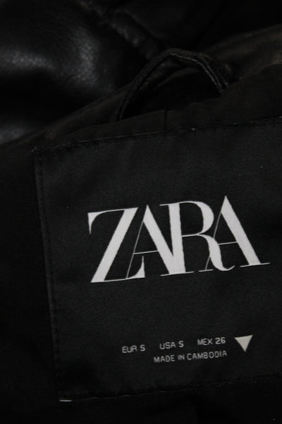 Zara Women Biker Jacket Black PU Buckle Collared Long Sleeve Size S