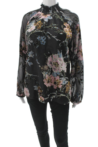 Yumi Kim Women Black Floral High Neck Long Sleeve Blouse Size S