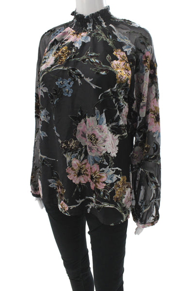 Yumi Kim Women Black Floral High Neck Long Sleeve Blouse Size S