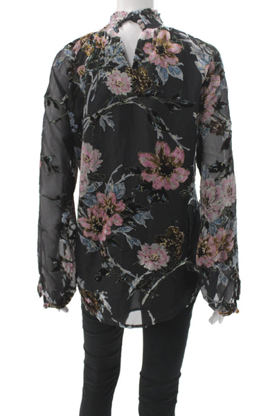 Yumi Kim Women Black Floral High Neck Long Sleeve Blouse Size S
