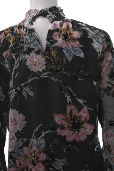Yumi Kim Women Black Floral High Neck Long Sleeve Blouse Size S