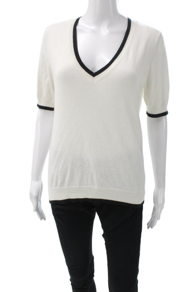 Minnie Rose Women Ringer V-Neck Short Sleeve Cotton Cashmere Top White Size S