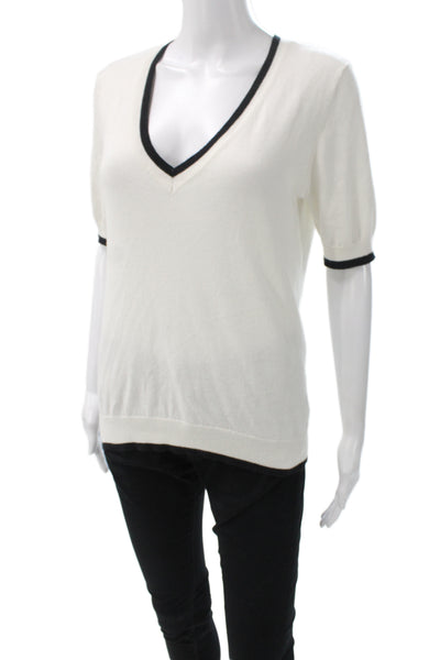 Minnie Rose Women Ringer V-Neck Short Sleeve Cotton Cashmere Top White Size S