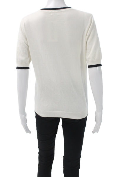 Minnie Rose Women Ringer V-Neck Short Sleeve Cotton Cashmere Top White Size S