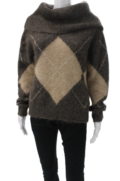 Zara Unisex Pullover Turtleneck Argyle Wool Sweater Beige Long Sleeve Size S
