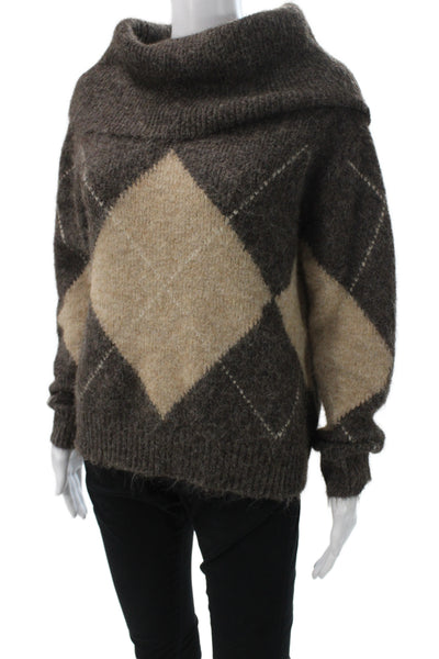 Zara Unisex Pullover Turtleneck Argyle Wool Sweater Beige Long Sleeve Size S