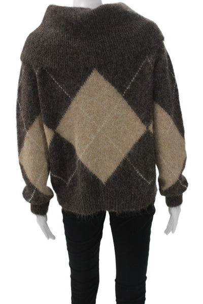 Zara Unisex Pullover Turtleneck Argyle Wool Sweater Beige Long Sleeve Size S