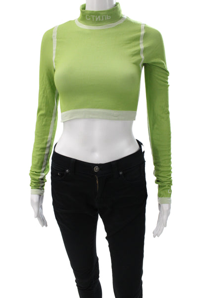 Heron Preston Women Cropped Turtleneck Button Long Sleeve Green Top Size S