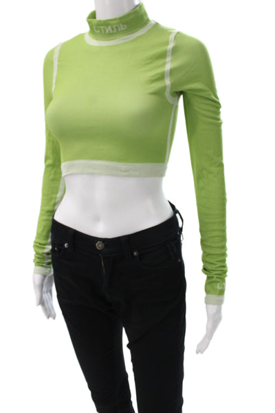 Heron Preston Women Cropped Turtleneck Button Long Sleeve Green Top Size S