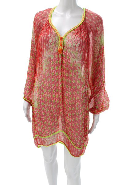 Poupette St. Barth Womens Shift Dress Red V-Neck Long Sleeve Abstract Size 2