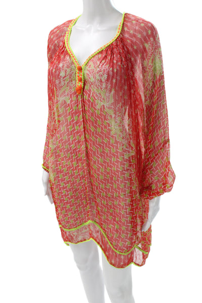 Poupette St. Barth Womens Shift Dress Red V-Neck Long Sleeve Abstract Size 2