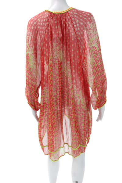 Poupette St. Barth Womens Shift Dress Red V-Neck Long Sleeve Abstract Size 2