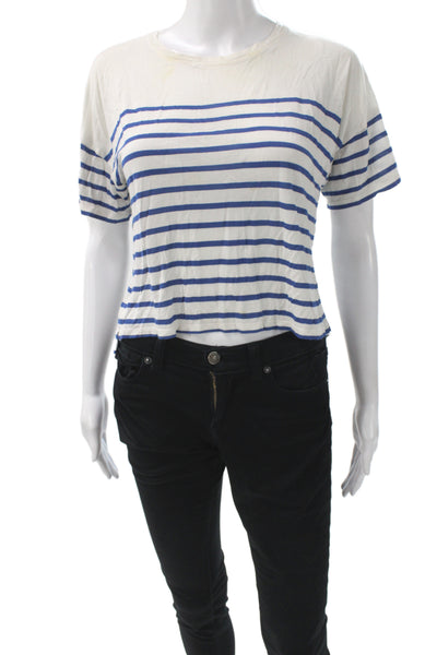 La Ligne Women Cropped Striped White Crew Neck T-Shirt Short Sleeve Size S