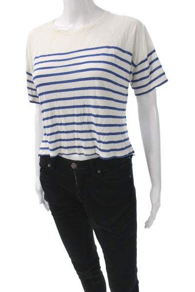 La Ligne Women Cropped Striped White Crew Neck T-Shirt Short Sleeve Size S