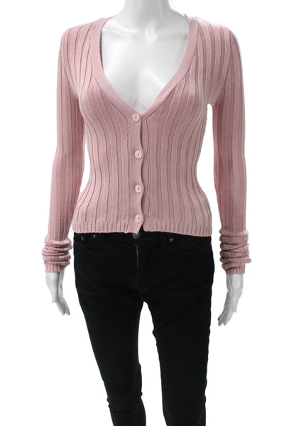 Guizio Women Cardigan Pink Striped VNeck Cotton Blend Longsleeve Size 2XS