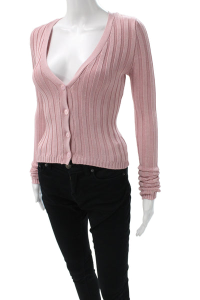 Guizio Women Cardigan Pink Striped VNeck Cotton Blend Longsleeve Size 2XS