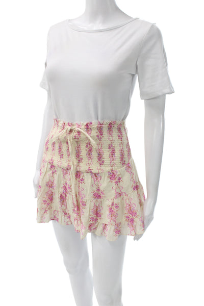 Love Shack Fancy Womens Peasant Mini Skirt Beige Floral Cotton Polyester Size XS