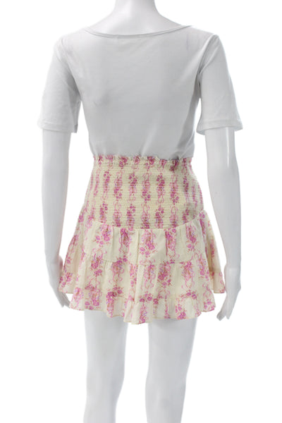 Love Shack Fancy Womens Peasant Mini Skirt Beige Floral Cotton Polyester Size XS