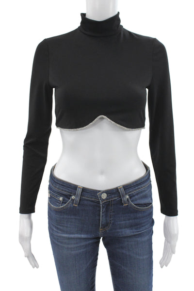 Alice + Olivia Women Cropped Lace Turtleneck Top Black Long Sleeve Zip Size S